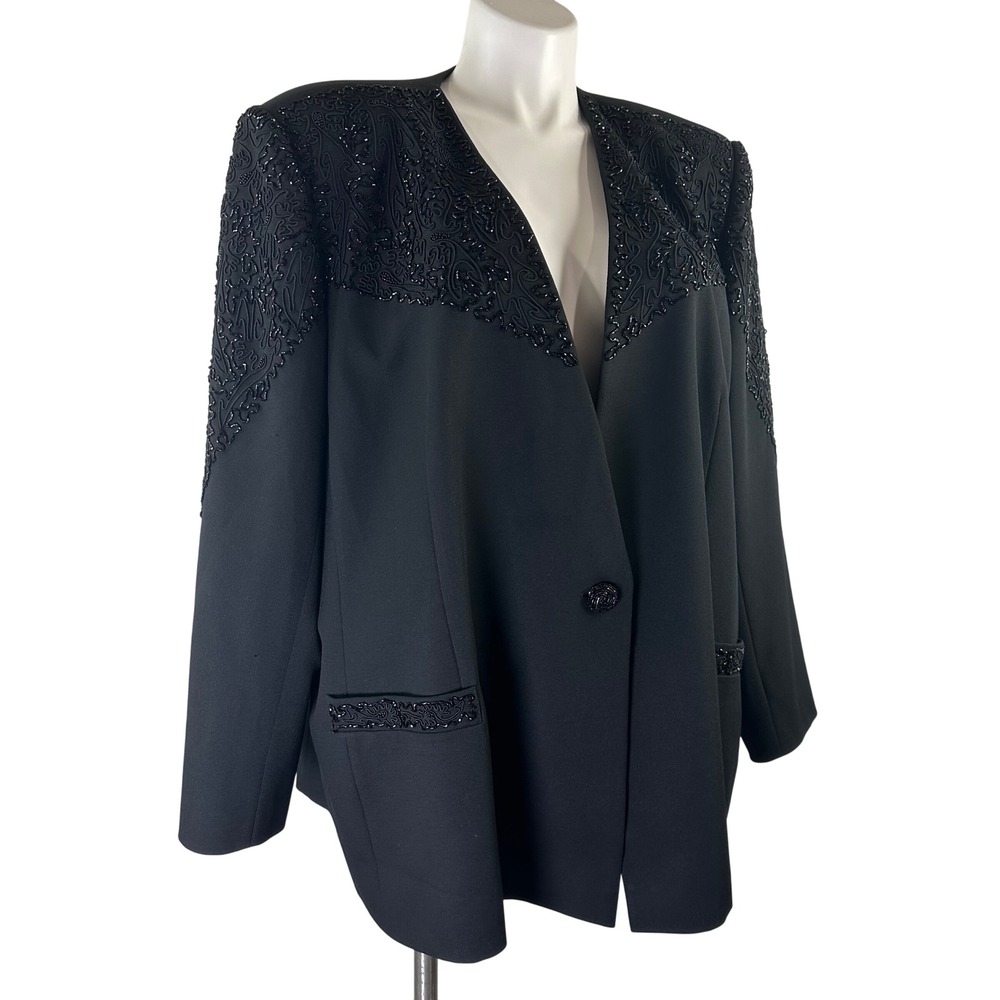 John Meyer Black Beaded Embroidered Evening Blazer Jacket Womens 24W Formal